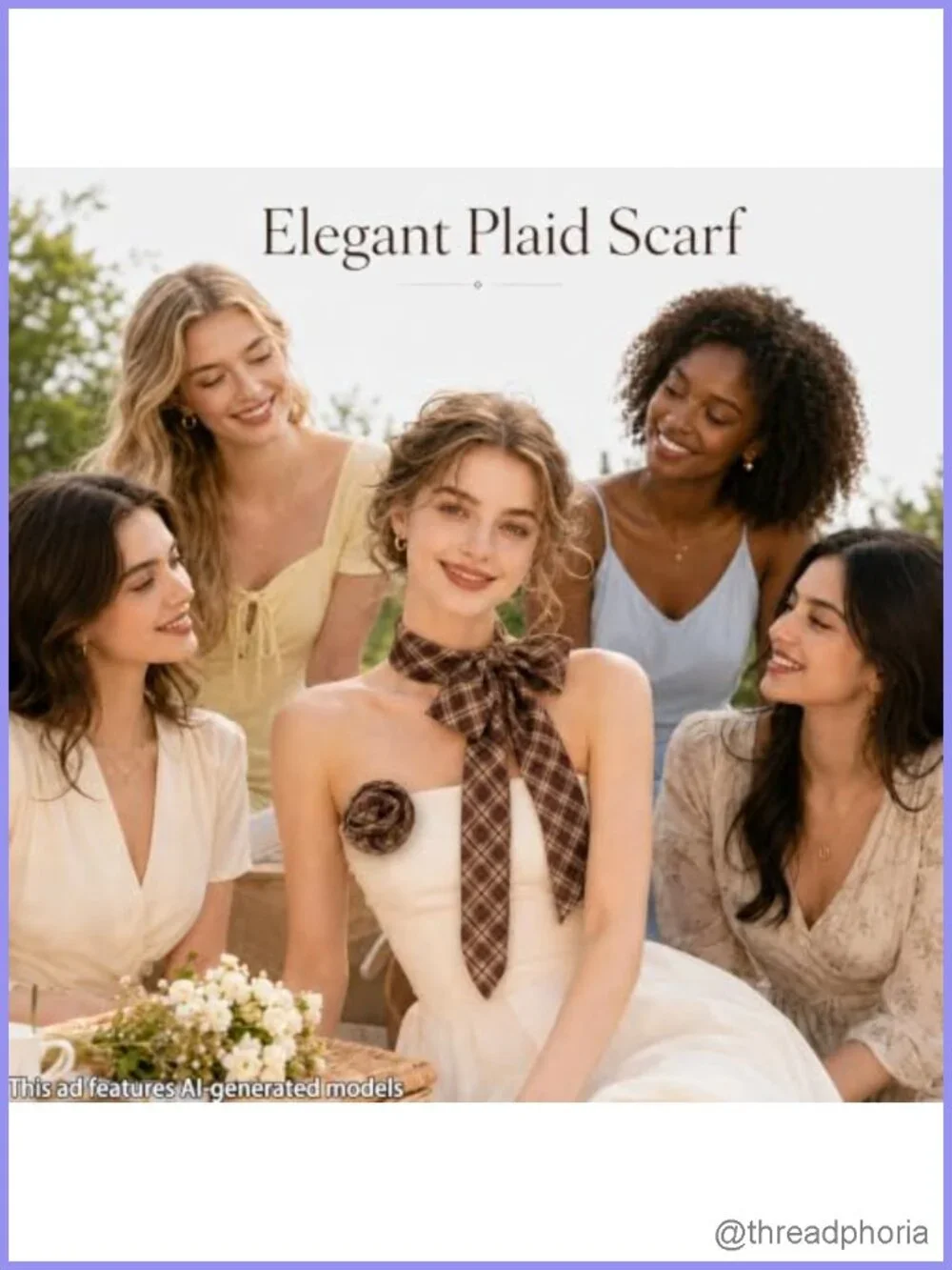 Plaid Chiffon Skinny Scarf with Rose Clip for Women
